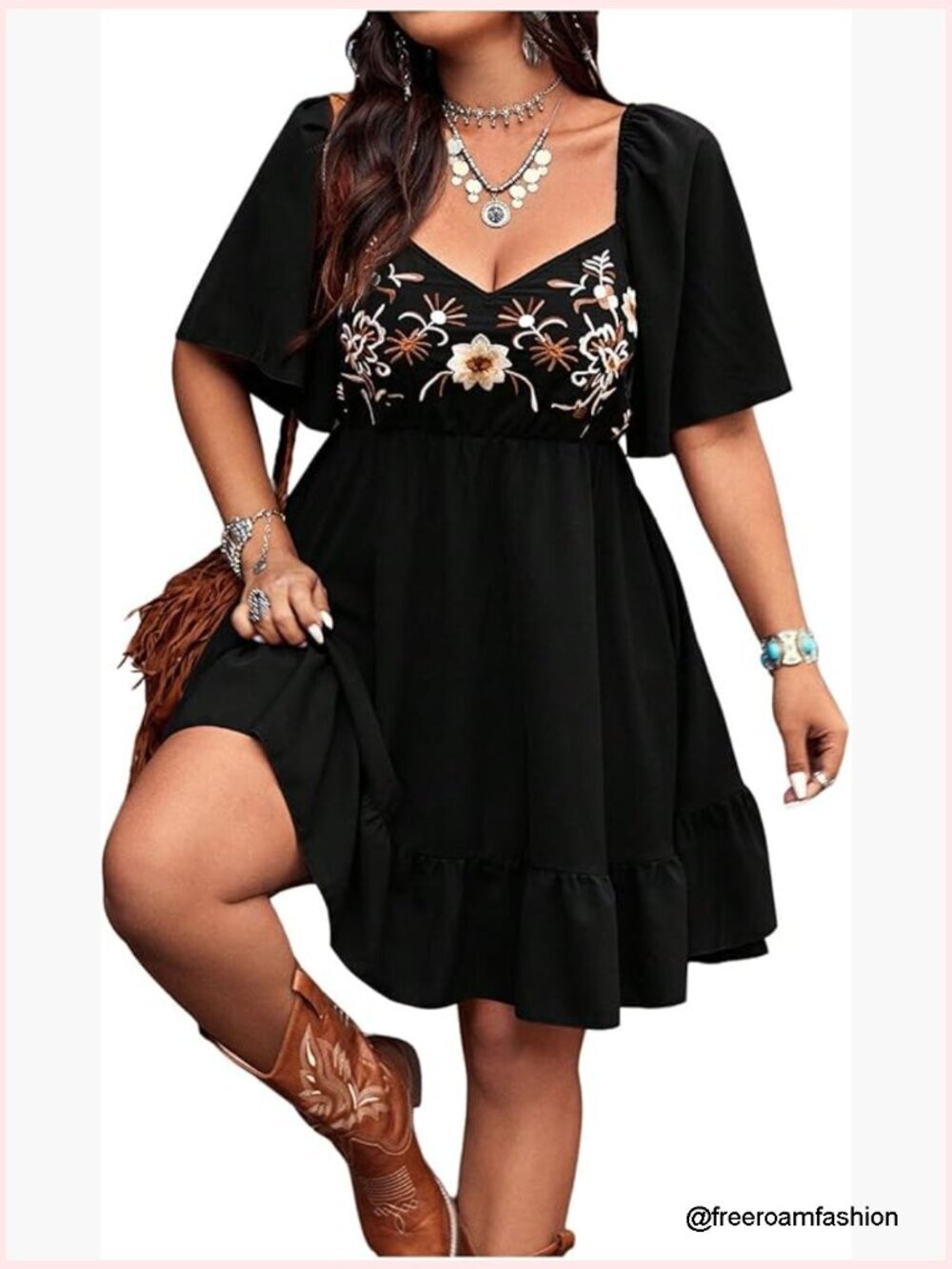 Plus Size Western Boho Cowgirl Flowy Summer Dress Short Sleeve A-Line